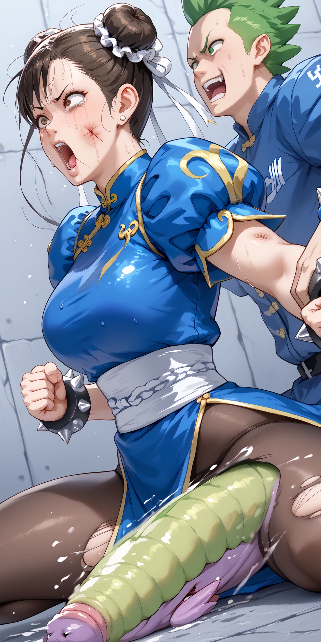  One girl, Chunli, Stance for battle, He raised his fist., (((Brown hair in twin buns))), (((Ribbon in hair))), (((Blue Chinese Dress))), (((Brown pantyhose))), Big Breasts, Big muscular thighs, Perfect body, Sweat, Spike bracelets on both wrists, Abdominal muscles, Chunli, mirror, Thin thighs, 硬いNipples, Thick eyebrows, Tight buttock muscles, Waist, Center of chest, I am very happy, Brown pantyhose, long autumn, Salaryman in a short uniform, sexy, Raw work,whole body写真, At the dojo at dusk, Red lipstick, Black eye mascara, (whole body:1.2),( On the body:1.4),(Semen on clothes:1.4),Nipples,The chest comes out,Spread your pussy,, Highest quality,masterpiece,High resolution,Official Art,Highly detailed CG Unity 8k wallpaper、(Crazy behavior:1.8)、((Black Garter Stockings 2))、((Do not wear shoes))、((Show me the soles of your feet 1.5))、Toe angle、Legs wide open、Breathless face、Burst chest、Beautiful Face、(数人の男が彼女のGrab your chestいる.)、There are a lot of guys around her、Grab your chest、とても濡れてSweatをかいている、facial 、Large amount of splatter、Lactating breasts、