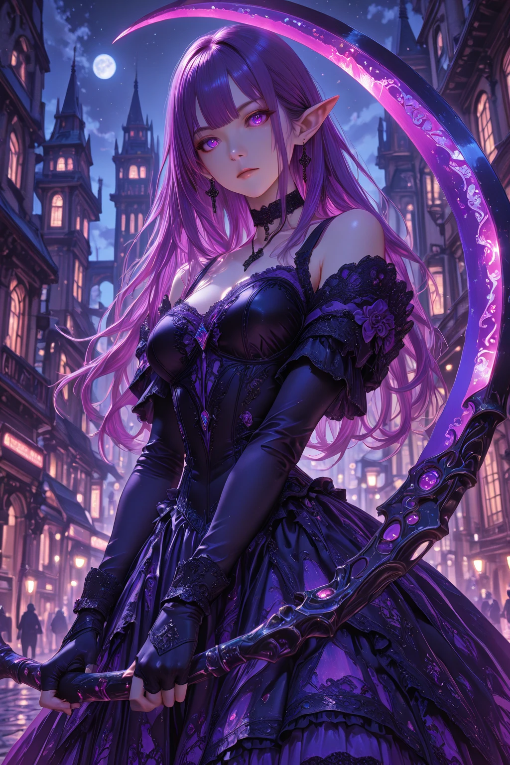 A pink haired female reaper with violet eyes with an hourglass figure in a cool gothic dress is posing in the street