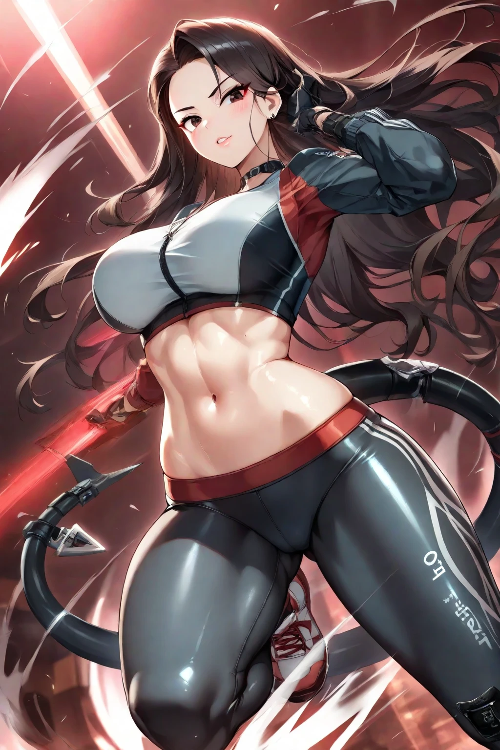 masterpiece, highest quality, (solo focus), (perfect face:1.1), (high detail:1.1),dramatic, 1girl, (pale skin), white eyes, solo, long black and red hair, medium breasts, white luxury suit, shorts and thigh high boots, covered navel, covered cinematic lighting,  black background and white explosion, white aura, lightsaber, upper view, fighting stance