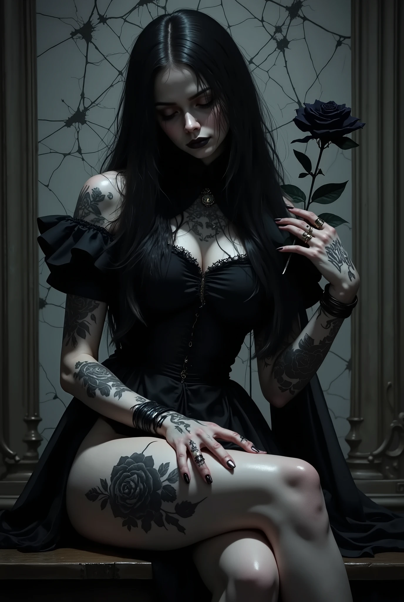 masterpiece, best quality, amazing quality, hyper realistic, newest, Dark and evil look ,sad girl holding a rose, Beberapa sudut , 1girl, very sad , Eyes closed , black lips, skin , black rose tattoos , Black highlighted hair , white and black hair, blunt bangs, long hair, Headband., wear dress dark style., Black rose in hand , Dark style room, black spider web , black rose .,dark atmosphere, dinamic pose, absurdres, highres, diffused light , tattoo on leg, perfect details