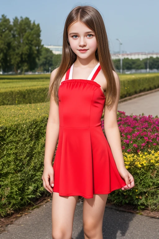 Swimming pool, non-slip tiles, flowers and plants, rides, (a cute teen), superbly beautiful, sexy full lips, bright hazel eyes, perfect nose, blushing cheeks, (red dress, mini skirt, stacked lace), collarbone, glowing polka dot swimming circle, look to the audience, master works, 8k resolution, super high resolution, high detail, higher quality, best picture quality, absurdres, masterpiece, adorable, youthful, juvenile, young, cuties, (((13yo))), thick thighs, (detailed face and eyes:1.2), enchanting smile, tanned, dark hair, flat abs, ((upskirt))