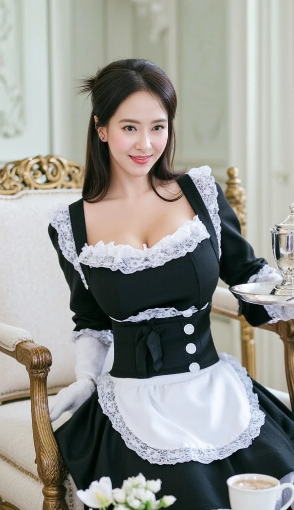 (((highest quality, Tabletop, 超A high resolution、The most complex and detailed depiction、Award-winning, 8k、Bright and vivid、RAW quality)))、(1. Beautiful maid、(Gorgeous Victorian Maid Dress、A gorgeous long-skirted black and white maid outfit、Huge white and black maid outfit、Black and white maid outfit、Black and white maid outfit、With ruffles、Big apron and black and white maid outfit)、((The background is a luxurious royal VIP room.、Black and Gold Gothic Royal、Luxury Bed、Huge bed、Complete interior of a luxurious royal bedroom、dress with jewels、Bejeweled dresses、Extravagance beyond imagination、Inside the Royal Palace、 A room decorated with many ornaments,、Glamorous decoration、Bright light、Lavish décor、Beautiful canopy、Huge canopy、luxurious and intricate canopy bed、Highly intricate and detailed background、Highly intricate and detailed textures))、(Look at me and smile、The happiest smile、Accentuate your body lines)、(Her breasts are bigger than her face:1.95),((Extremely precise and accurate anatomy))、 (((Always have two armust have two legs)))、(((Full body to toes)))、(((Black high heels)))