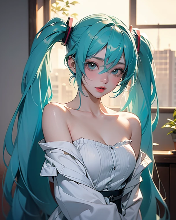1girl, dress, solo, collarbone, Hatsune Miku, long hair, aqua hair, long flowing hair, floating hair, ornament hair, perfectly body, perfectly hands, on garden, petals, red roses, centered girl, maid, maid dress, black dress, maid apron, white apron, maid headdress, short skirt, white laces, more details on her clothes, dress with transparency, golden details, daylight, smiling, cape, ((4k, masterpiece, top-quality)),8k, best quality, high resolution, HD, (illustration:0.8), super cute girl, delicate and beautiful face, mature girl, super cute hairstyle, (beautiful detailed eyes:1.6), extremely detailed face, perfect lighting, extremely detailed CG, (perfect hands, perfect anatomy), Best quality, cleavage, small skirt, full Body,