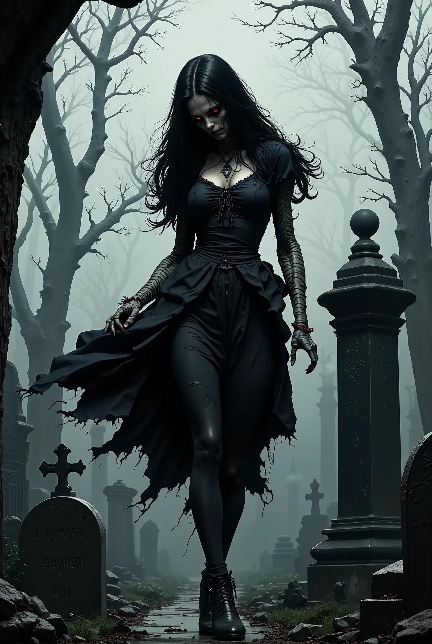 "Craft a bone-chilling masterpiece set in a 1600s graveyard on a cold, foggy night. Amidst the crumbling tombstones and eerie silence, introduce a malevolent and emaciated humanoid figure, her unnaturally thin frame shrouded in a tattered black dress from the era. Her messy, long, straight dark hair hangs like a curtain of dread, partially obscuring her blood-red eyes, which emit an evil, otherworldly glow. As she hovers above the ground, a sense of terror and dread permeates the air, and the atmosphere is thick with decay and disgust. Describe the fear that washes over anyone who dares to lay eyes upon her twisted, sickly form. Evoking shock value and pure horror, paint a vivid portrait of her menacing presence, leaving readers with a lingering sense of unease. This is a scene designed to haunt their nightmares, glowing red eyes.''