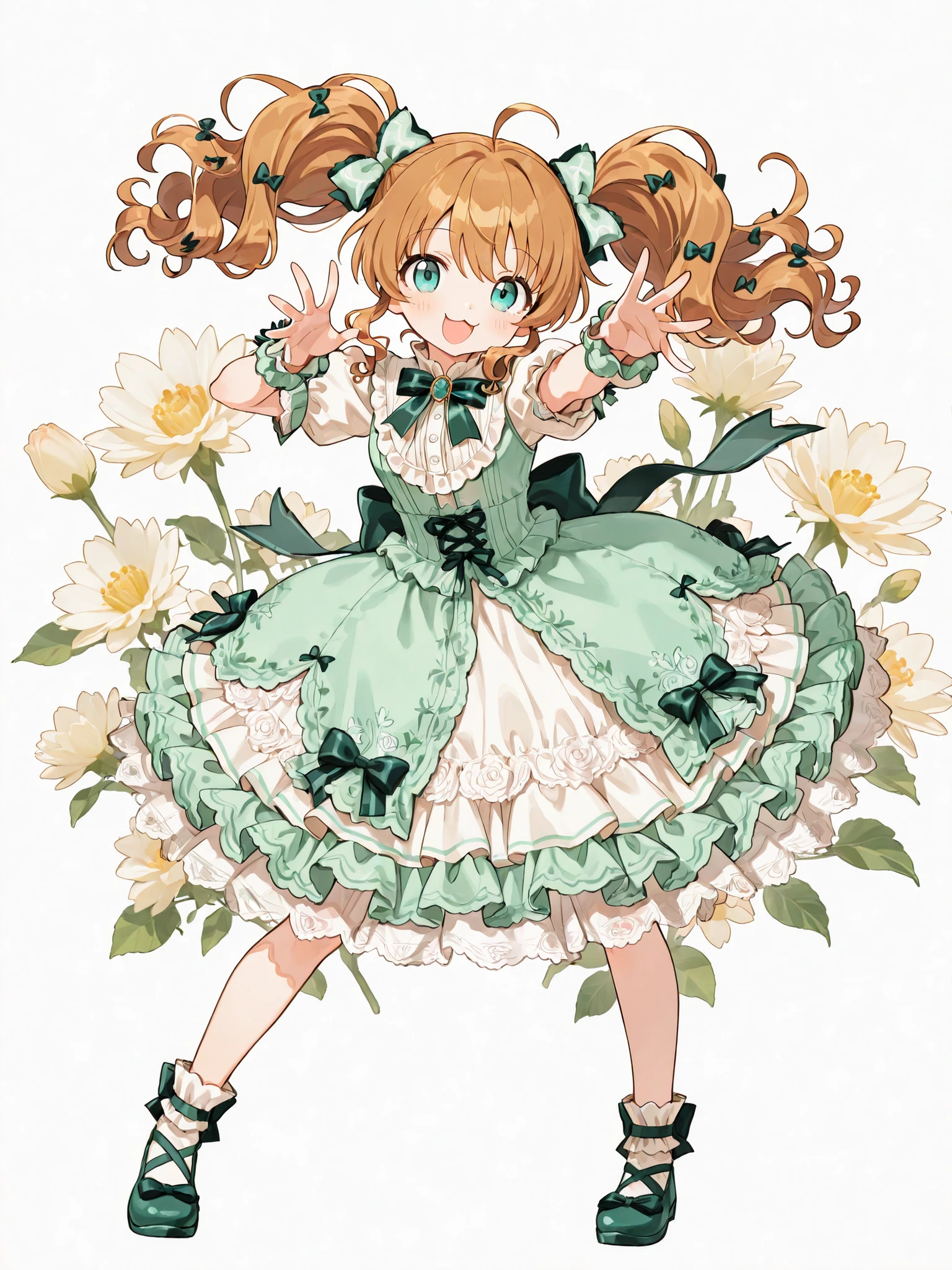 super detailed illustration of one girl's sweet lolita dress, solo, brown wavy hair, twin tails, Lace Hair Bows , aqua eyes, , Happy Smile, open mouth, :3, idol costume in brown and mint green tones , dynamic pose, cute pose, Perfect Anatomy, Perfect hands, Five Fingers, pop background, flower background, masterpiece, best quality, Beautiful and aesthetic art