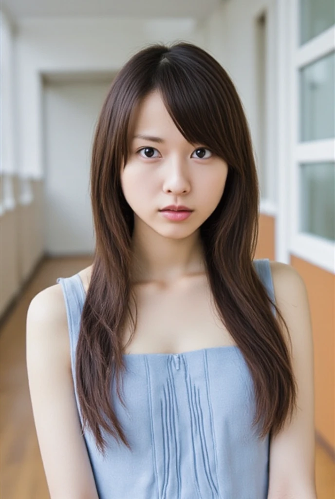 (Highest quality, Very cute girl) Thin and thin eyebrows　Light pink camisole, (amazingly beautiful breasts)  gravure　Side Shot, Looking at the audience, 21 years old　 Long hair with highlights　flowing bangs　Small Head, Medium-sized, well-shaped breasts, Sharp focus, Fine skin, Eyes and Face　The background is beautiful and wide..  Luxurious and beautiful living room　Bookshelf　Open book