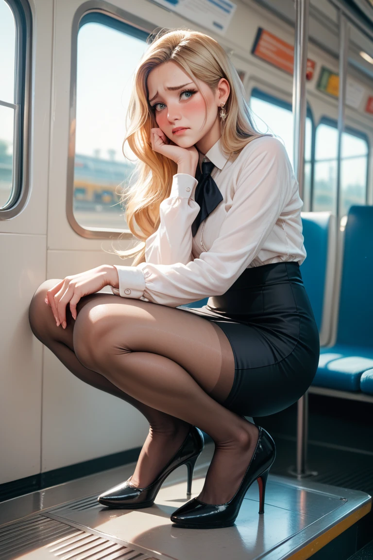 1 beautiful woman,  Lucy Pinder, big body, blonde woman, made up eyelids, ponytail, red lips, white blouse, button down blouse, cleavage, black jacket, red tie, black skirt, light pantyhose, heeled shoes, black shoes, sleeping sitting up on the bus, mouth open, eyes closed.