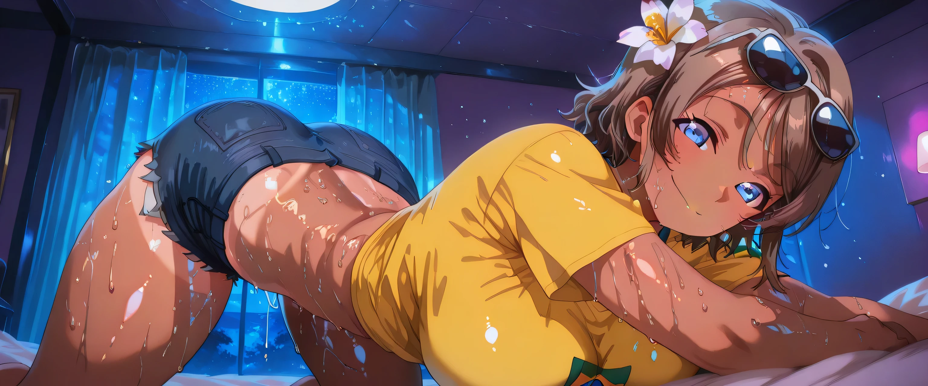 detailed eyes,anime eyes,high detail eyes,multicolored iris,detailed iris,anime style, 4k masterpiece, best quality, girl, beautiful face, clean skin, shiny hair, shiny skin, beautiful face, perfect eyes, 4k high quality eyes, high quality brightness, best quality, 4k very aesthetic, absurd, perfect body quality, beautiful curves, perfect, perfect genitals, beautiful ambient light, beautiful aesthetics, very realistic scenery, 4k high quality, masterpiece, best quality, absurd, latest, high resolution, official art, best quality, absurd, latest, high resolution, official art, screenshot, anime screenshot, anime coloring, 1girl you watanabe, watanabe you, blue eyes, brown hair, short hair, swept bangs, mature female, large breasts, sunglasses on head, flower in hair, yellow shirt, brazil flag on shirt, denim shorts, booty shorts, tanned, body sweating, too much sweat on the body, excessive sweat on the body, ultra sweat 4k, in a luxury hotel at night 4k, dark room, beautiful aesthetics with purple light, very detailed room 4k, body with a lot of sweat and all over the body 4k, at night, dark room, beautiful aesthetics with purple light 4k, very detailed room, very beautiful aesthetic lighting 4k, lighting with a lot of realism on the body, beautiful scenery with a lot of details, lighting with a lot of realism on the body, in a luxury hotel, in bed sexy pose looking naughty at viewer