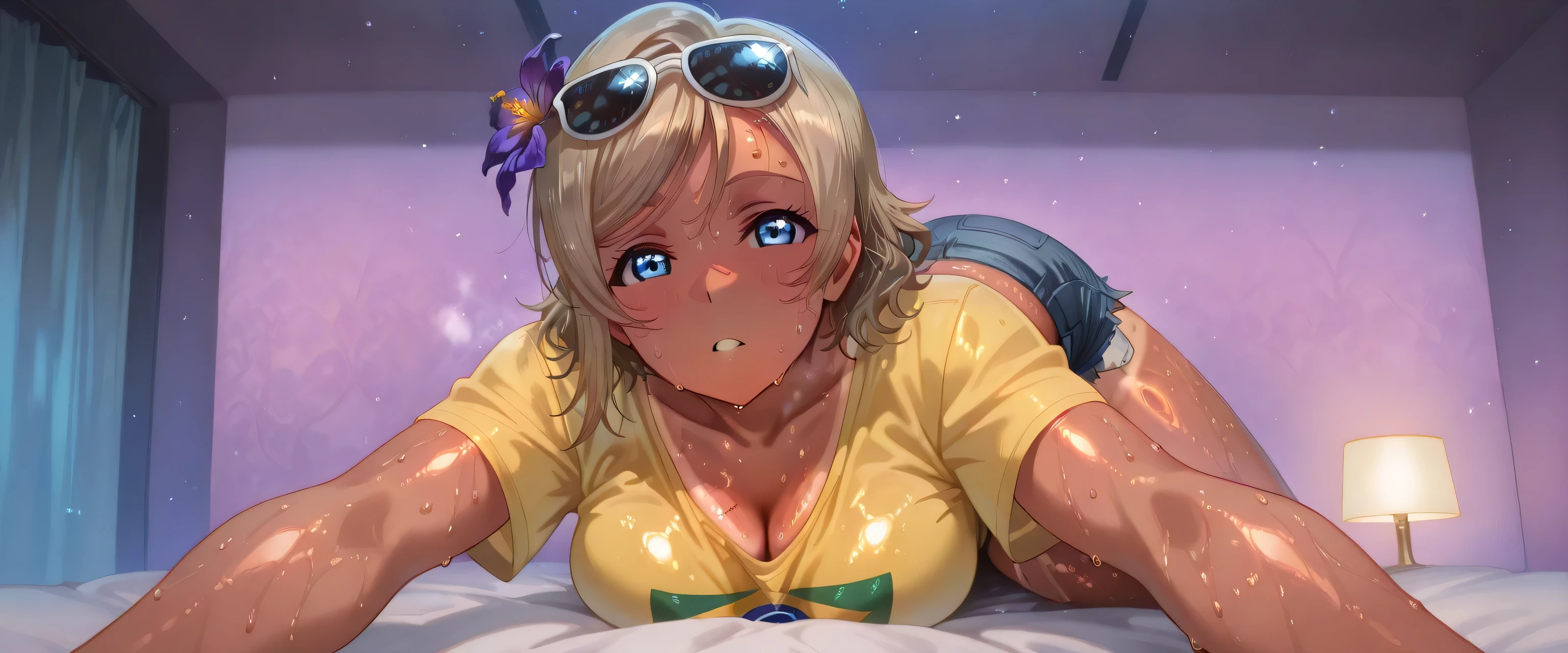 detailed eyes,anime eyes,high detail eyes,multicolored iris,detailed iris,anime style, 4k masterpiece, best quality, girl, beautiful face, clean skin, shiny hair, shiny skin, beautiful face, perfect eyes, 4k high quality eyes, high quality brightness, best quality, 4k very aesthetic, absurd, perfect body quality, beautiful curves, perfect, perfect genitals, beautiful ambient light, beautiful aesthetics, very realistic scenery, 4k high quality, masterpiece, best quality, absurd, latest, high resolution, official art, best quality, absurd, latest, high resolution, official art, screenshot, anime screenshot, anime coloring, 1girl you watanabe, watanabe you, blue eyes, brown hair, short hair, swept bangs, mature female, large breasts, sunglasses on head, flower in hair, yellow shirt, brazil flag on shirt, denim shorts, booty shorts, tanned, body sweating, too much sweat on the body, excessive sweat on the body, ultra sweat 4k, in a luxury hotel at night 4k, dark room, beautiful aesthetics with purple light, very detailed room 4k, body with a lot of sweat and all over the body 4k, at night, dark room, beautiful aesthetics with purple light 4k, very detailed room, very beautiful aesthetic lighting 4k, lighting with a lot of realism on the body, beautiful scenery with a lot of details, lighting with a lot of realism on the body, in a luxury hotel, in bed sexy pose looking naughty at viewer
