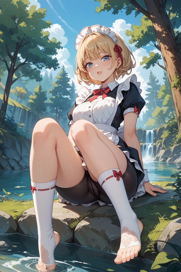 masterpiece, highest quality, Very detailed, 16k, Ultra-high resolution, 9-year-old girl, Detailed face, blue eyes, blonde, Braiding, Red ribbon on head, Black maid outfit, blue sky, garden, Red Rose, sit, (show off pussy:1.3), (Open pussy:1.3), spread legs, legs up