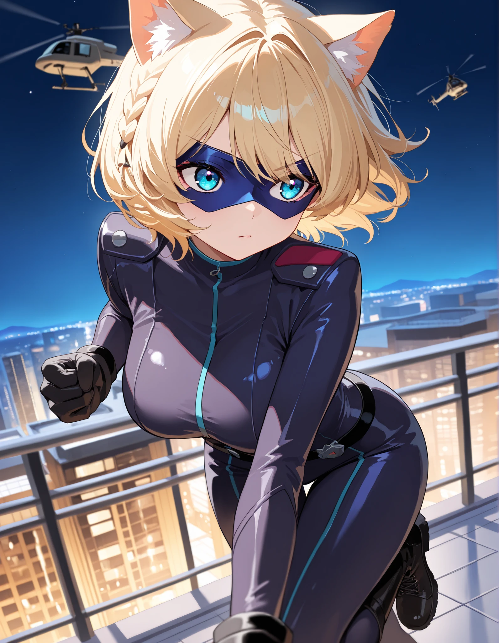 masterpiece, best quality, high resolution, intricate details, detailed background, professional, 8k, solo, solo focus, 1girl, young adult female, blonde hair, short hair, braid, aquamarine eyes, cat ears, animal ears, cat girl, cat burger, dark purple catsuit, black combat boots, black gloves, (blue eye mask), dynamic running pose, museum rooftop, midnight, night day, midtown manhattan, looking away, concerned yet cautious expression, V-shaped eyebrows, helicopter in the sky searching for her, suspense illustration, depth of field, ideal composition.