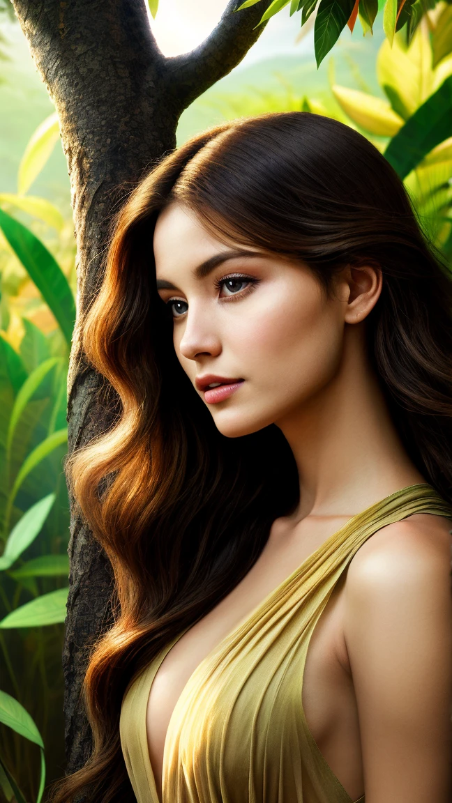 A stunning woman with a sultry look and a hint of mischief, surrounded by delicate, intertwined vines and fractal designs.