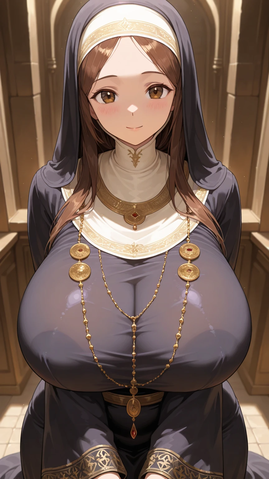 masterpiece, best quality, ultra-detailed, illustration,masterpiece, Best quality, high resolution, high resolution, SeraDef, 1girl,  brown eyes, brown hair, bangs, long sleeves, long hair, dress, bare shoulders, jewelry, collarbone, hairband, choker, wide sleeves, necklace, off shoulder, :o, flat chest, bracelet, hair tubes, bangle, egyptian, ankh,beautiful detailed eyes, looking at viewer in a seductive look, close up, (breast focus), (arms behind back:1.2), (from above:1.1), huge large sized breasts, (breasts out:1.3), attempt to seduce,(wet clothes), bedroom, bed , nipples ,((show nipples:1.5)),((show tits:1.5)), embarrassed , smiling , standing 