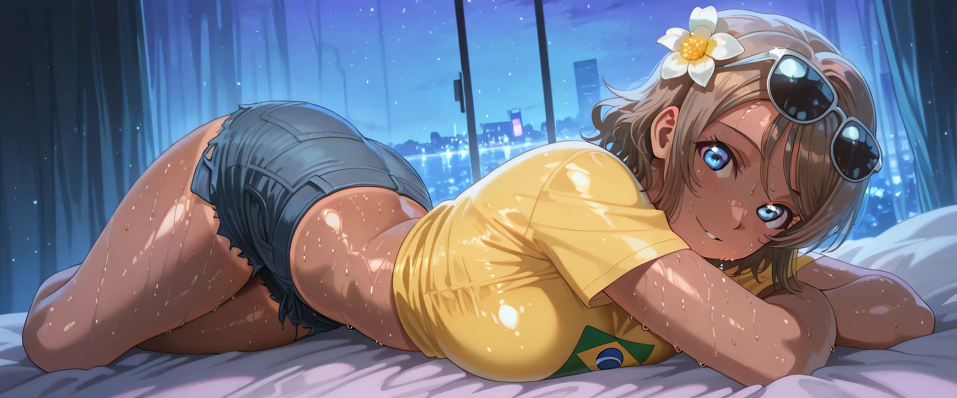 detailed eyes,anime eyes,high detail eyes,multicolored iris,detailed iris,anime style, 4k masterpiece, best quality, girl, beautiful face, clean skin, shiny hair, shiny skin, beautiful face, perfect eyes, 4k high quality eyes, high quality brightness, best quality, 4k very aesthetic, absurd, perfect body quality, beautiful curves, perfect, perfect genitals, beautiful ambient light, beautiful aesthetics, very realistic scenery, 4k high quality, masterpiece, best quality, absurd, latest, high resolution, official art, best quality, absurd, latest, high resolution, official art, screenshot, anime screenshot, anime coloring, 1girl you watanabe, watanabe you, blue eyes, brown hair, short hair, swept bangs, mature female, large breasts, sunglasses on head, flower in hair, yellow shirt, brazil flag on shirt, denim shorts, booty shorts, tanned, body sweating, too much sweat on the body, excessive sweat on the body, ultra sweat 4k, in a luxury hotel at night 4k, dark room, beautiful aesthetics with purple light, very detailed room 4k, body with a lot of sweat and all over the body 4k, at night, dark room, beautiful aesthetics with purple light 4k, very detailed room, very beautiful aesthetic lighting 4k, lighting with a lot of realism on the body, beautiful scenery with a lot of details, lighting with a lot of realism on the body, in a luxury hotel, in bed sexy pose looking naughty at viewer