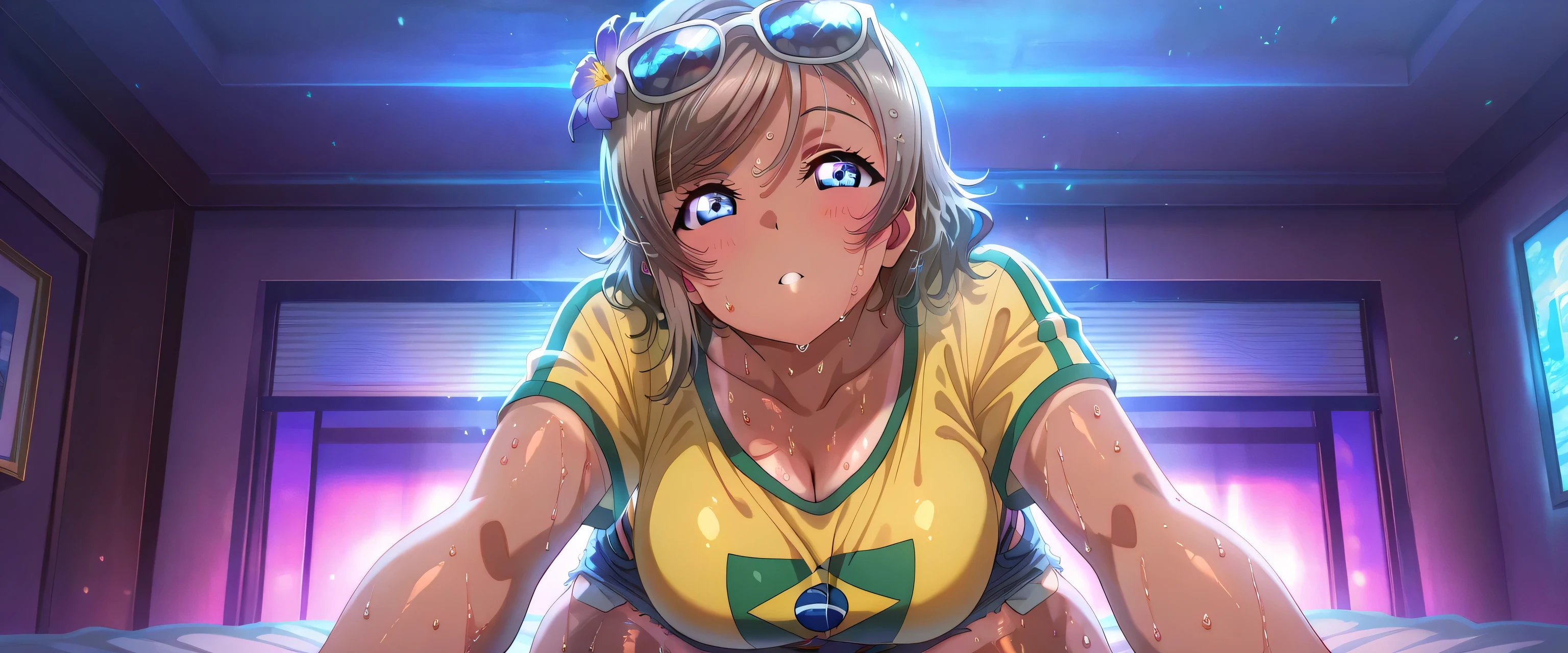 detailed eyes,anime eyes,high detail eyes,multicolored iris,detailed iris,anime style, 4k masterpiece, best quality, girl, beautiful face, clean skin, shiny hair, shiny skin, beautiful face, perfect eyes, 4k high quality eyes, high quality brightness, best quality, 4k very aesthetic, absurd, perfect body quality, beautiful curves, perfect, perfect genitals, beautiful ambient light, beautiful aesthetics, very realistic scenery, 4k high quality, masterpiece, best quality, absurd, latest, high resolution, official art, best quality, absurd, latest, high resolution, official art, screenshot, anime screenshot, anime coloring, 1girl you watanabe, watanabe you, blue eyes, brown hair, short hair, swept bangs, mature female, large breasts, sunglasses on head, flower in hair, yellow shirt, brazil flag on shirt, denim shorts, booty shorts, tanned, body sweating, too much sweat on the body, excessive sweat on the body, ultra sweat 4k, in a luxury hotel at night 4k, dark room, beautiful aesthetics with purple light, very detailed room 4k, body with a lot of sweat and all over the body 4k, at night, dark room, beautiful aesthetics with purple light 4k, very detailed room, very beautiful aesthetic lighting 4k, lighting with a lot of realism on the body, beautiful scenery with a lot of details, lighting with a lot of realism on the body, in a luxury hotel, in bed sexy pose looking naughty at viewer