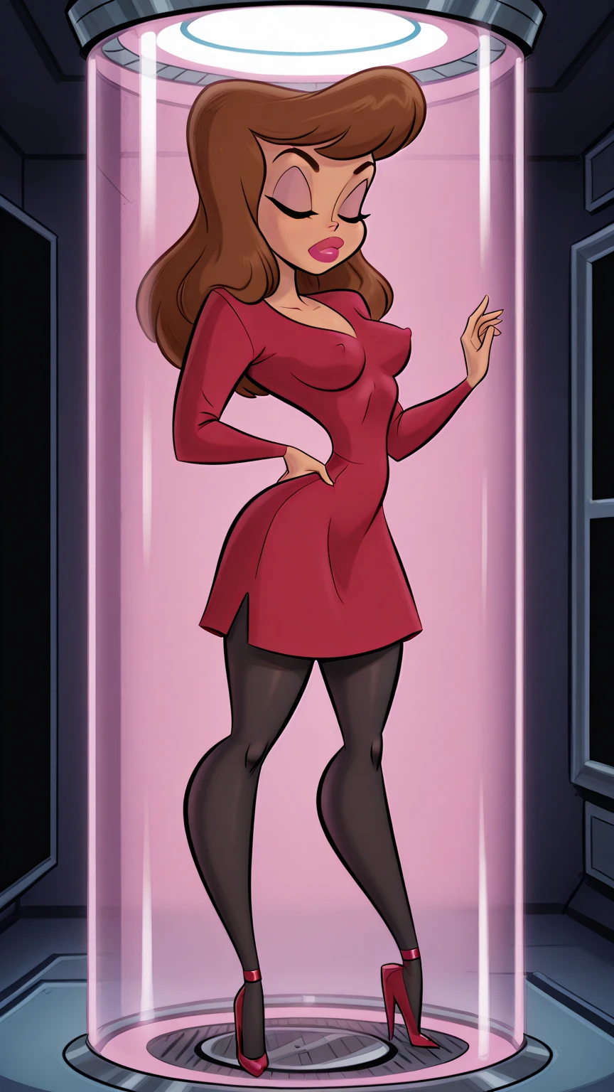 (1 girl, solo, (sexy posing) ), (girl is (redhead long hair), perfect body, detailed olive eyes, (one shoulder gold mini dress, cleavage), she's happy), (background closet interior full of women's dresses and shoes)