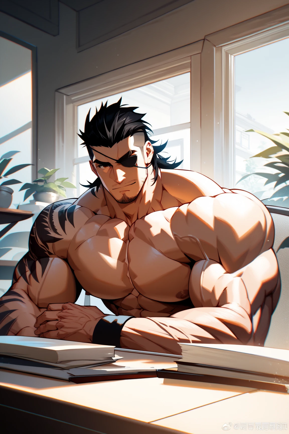 1 male, fat, tall, facial hair, glasses, depressed, messy room, black hair, big soft arms, nerd