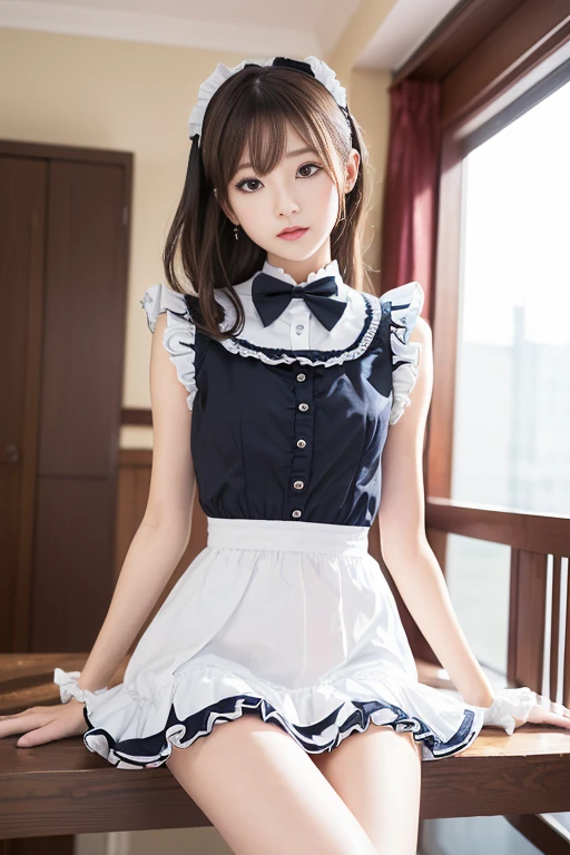 Cute face like an 18-year-old idol Smiling Kindly Japanese Gothic Lolita Cosplay Frills Maid clothes Cleavage (Ultra mini skirt) (Are standing) morning Hotel Living Room (Whole body) RAW Photos High resolution Genuine live-action Accurate depiction Realistic