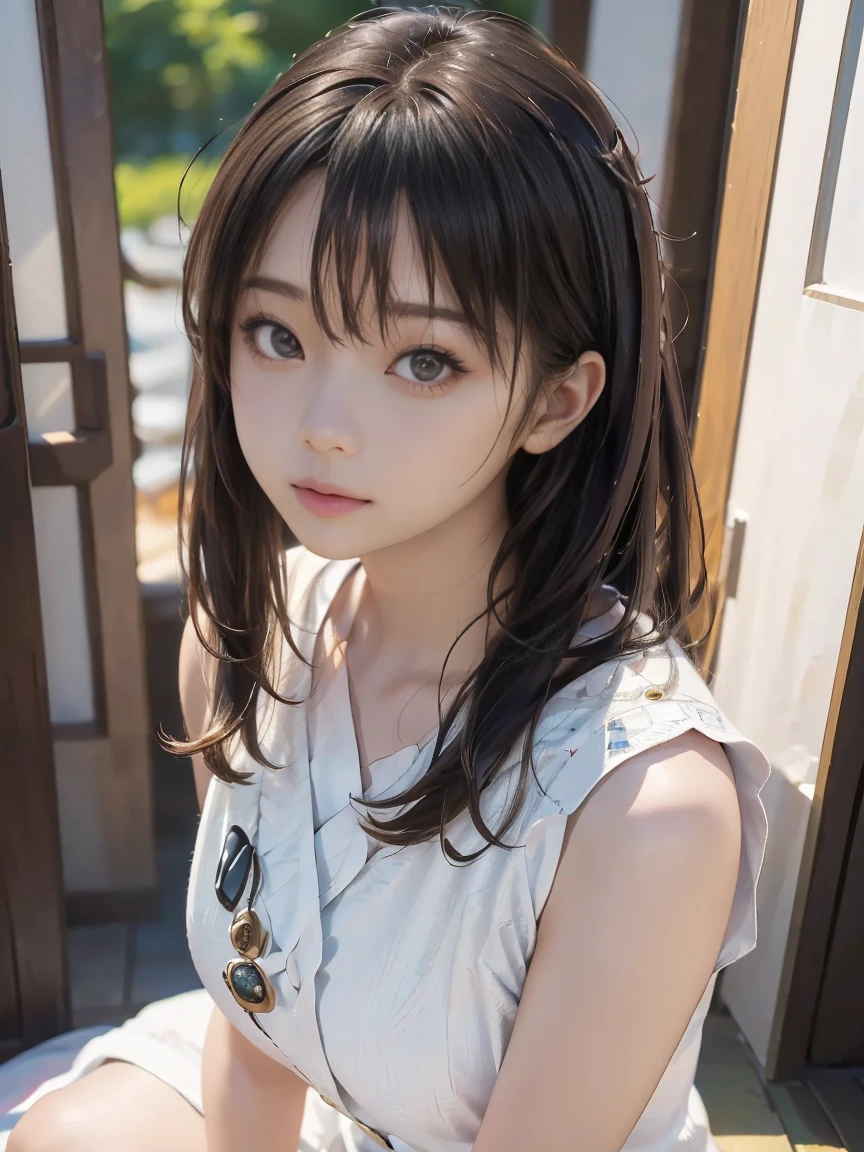 8K、highest quality、masterpiece、One girl、(14 years old)、(Face shot close up:1.33)、slim、slender、Small breasts、(Beautiful girl, cute:1.3)、(Beautiful photorealistic、High resolution)、Braided low ponytail hair、Green Eyes、Serious face、Outside shot、Green clothes