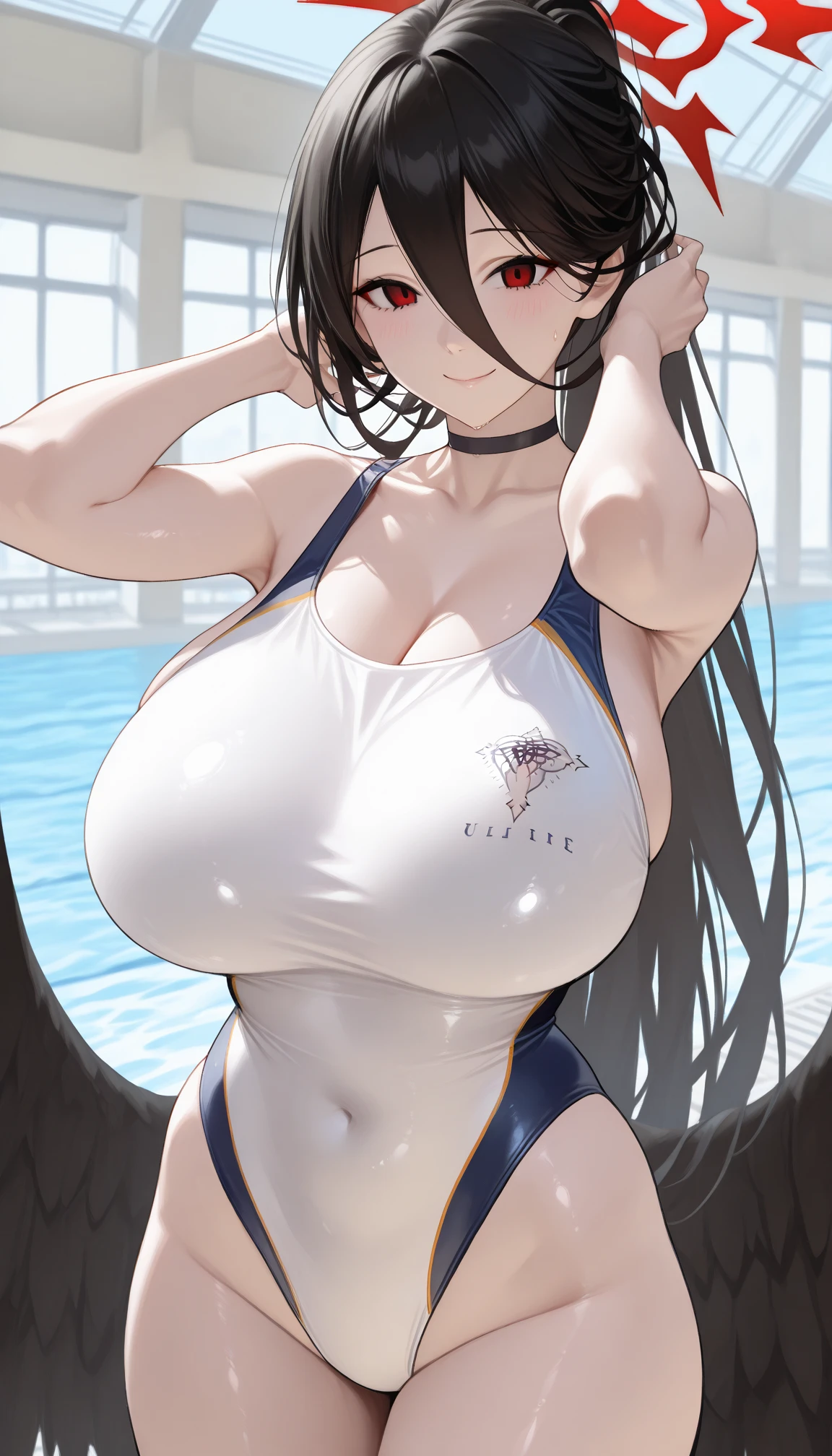 1girl, one-piece swimsuit, black one-piece swimsuit, brown hair, ponytail, highleg, cleavage, eyewear on head, yellow eyes, bare legs, thick thighs, huge breasts, smile, pool, competition swimsuit, sleeves, long sleeves, ((bare legs)), ((sleeves)), ((fingerless gloves)), ((long sleeves))