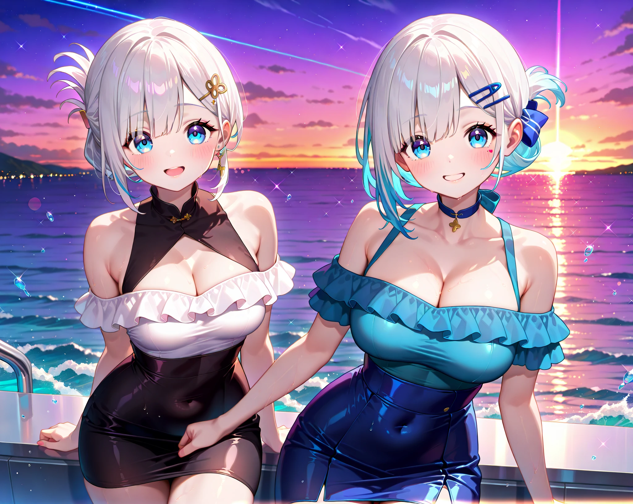 1 beauty, (Light Purple Eyeshadow),Platinum Blonde Perm Hair, thick body、(thick neck:1.4)、(broad shoulders:1.4)、(Smaller face)、(pointed breast:1.6)、Big body、Model body type、Sharp eyes、Watery Big Eyes、Face in love:1.2、Wet whole body, ((Champagne Gold Bikini Swimsuit:1.2)),(wet and disheveled hair,:1.4),(Perfect fingers:1.4)、(Heavy sweat on the face:1.2), Splattering splashes shine:2, fine splashes on the body、(Platinum necklace and large earrings)、Sandy beach at dusk、a paradise、Scenery like Salar de Uyuni