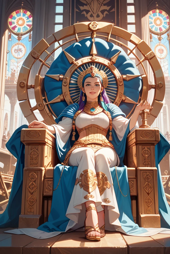 ancient aztec fantasy, beautiful aztec queen, cool, edgy, sitting on throne, royal, jewelry
