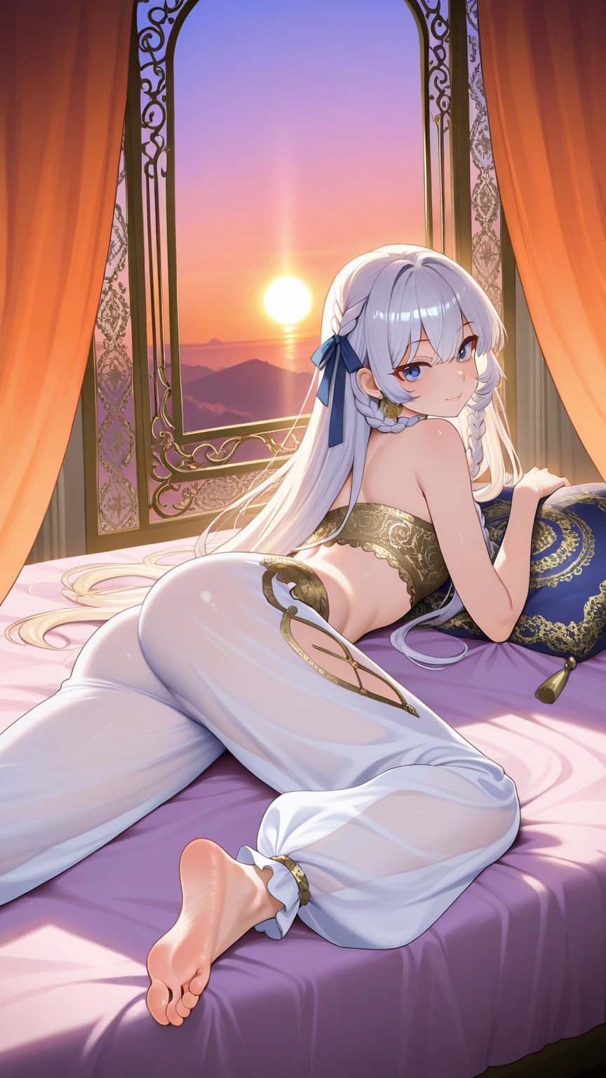Feet on the beauty's face,blue-eyed woman,Gorgeous Hair in Long Purple,Gold-tone high heels,Snow-white thighs,opulent,Golden Temple,Cosmic galaxy