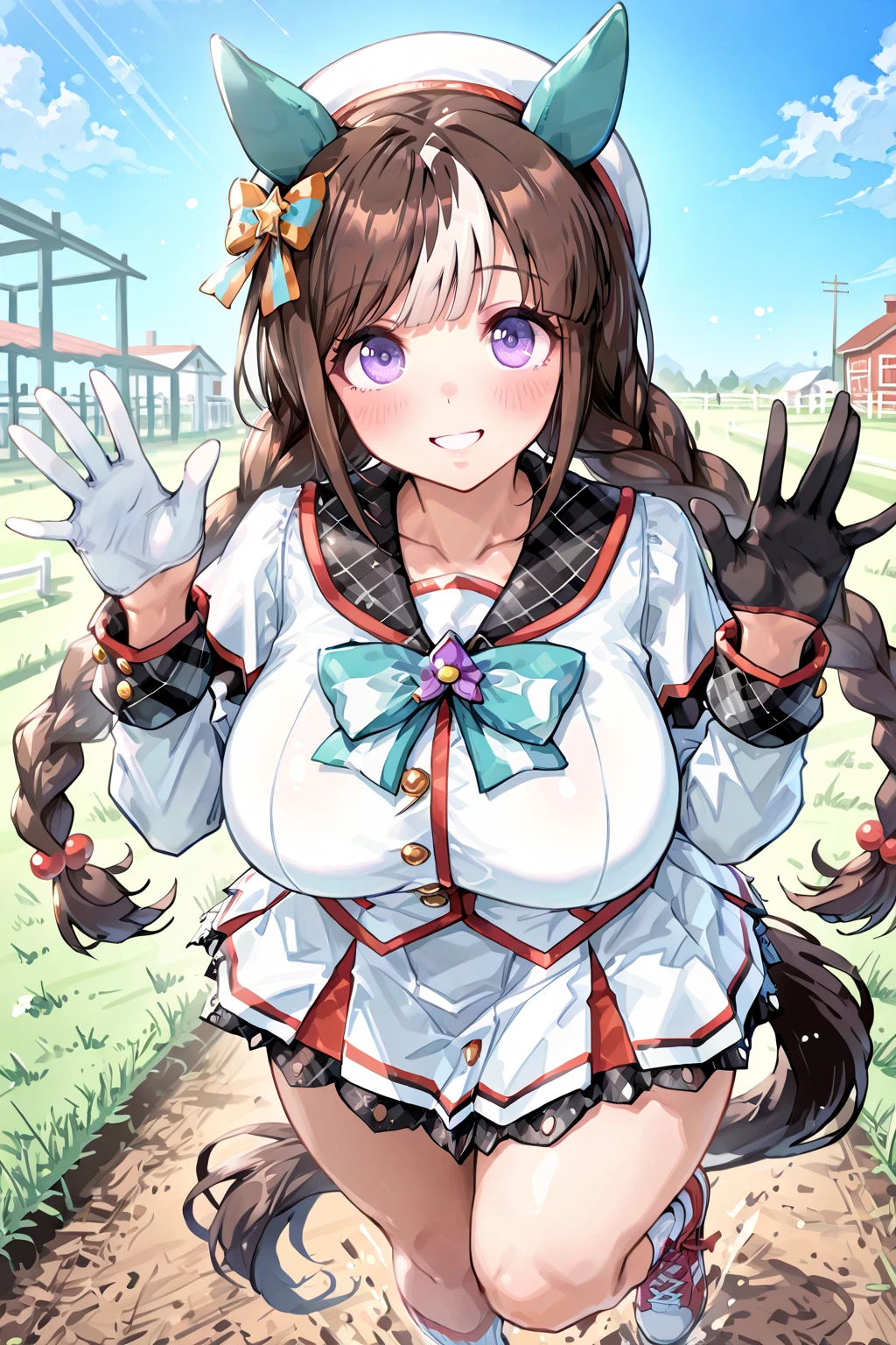 Daiwascarlet, uma-musume, (solo), (dark purple tight brm:1.3), (gym uniform:1.2), BREAK, (bursting disproportionately gigantic huge breasts:1.3), skinny, very short torso, narrow waist, long legs, swaying back, BREAK, (show off cameltoe), BREAK, nsfw, orgasm, forced smile, brm digging deep into cameltoe
