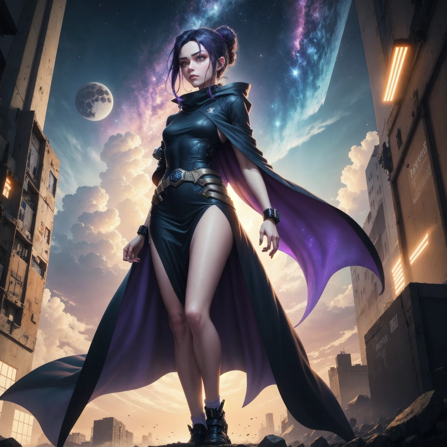 Mila kunis, short hair, 24 years old, long purple cloak, middle exposed, purple knee high boots
