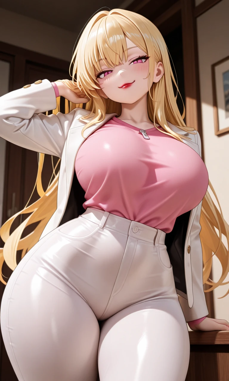 girl,beautiful face, muscular female, alternate muscle size,,muscular ,biceps,,yellow jacket,lace trim white pantyhose,muscular thighs,carrying bags,open door,