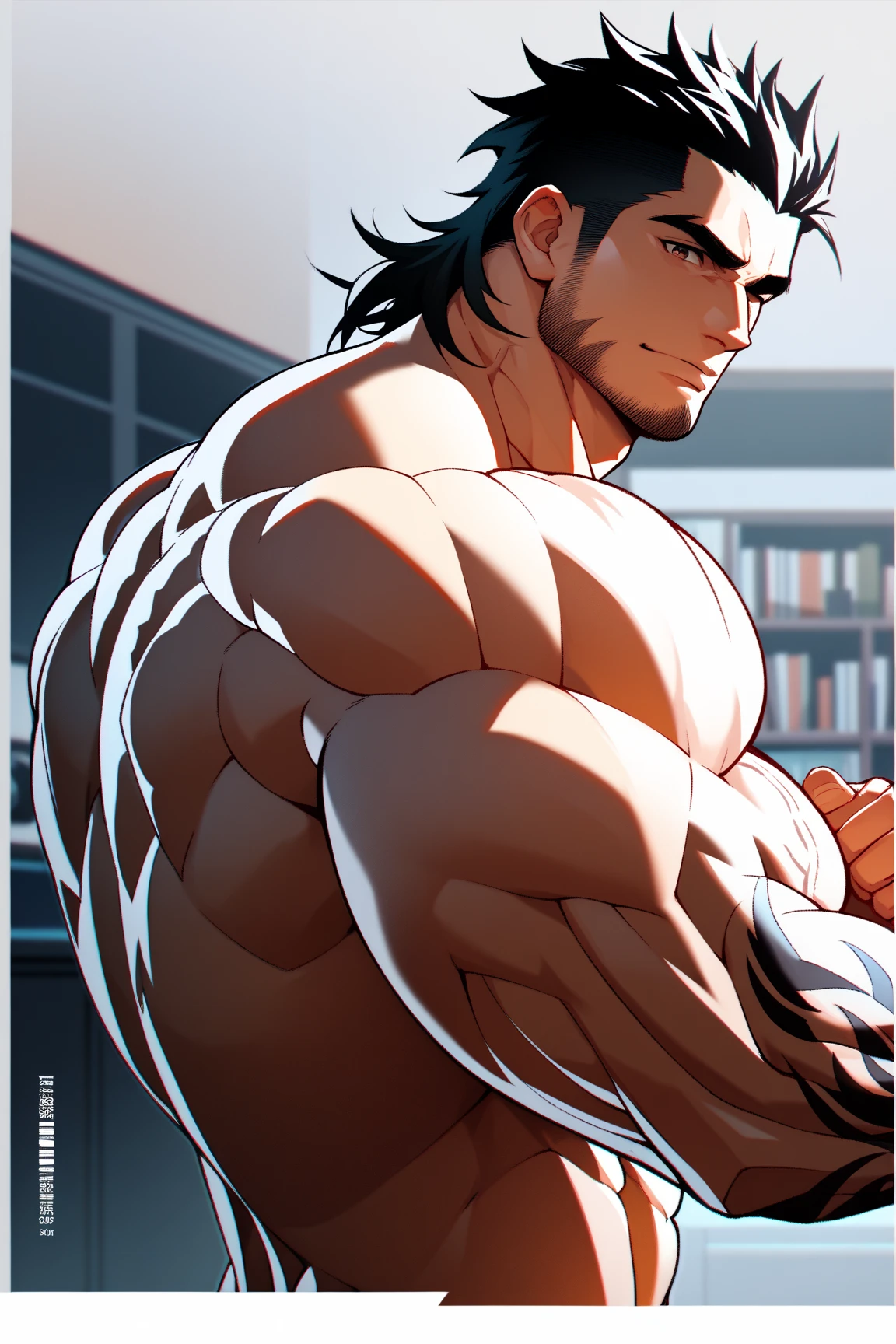 Hands down,Very thin waist,Upper body,(masterpiece,The best quality,H),1 person,Naked Man,很shy,My face turns red,shy,musculane Eyes,Nude,(Nude),Blue eyes,No shirt,Upper body,short blue-purple hair,Youthful feeling,young,(Fluorescent lamp),(One color),(Blue Background),White striped shorts,Thick arms,Broad shoulders,Strong without being bulky,tall and big,Extremely tall,The room looks small to him.,Hairy body,Very big body,Covered with muscles,Very strong,strongman,huge,maximum,Open your arms to your sides,Facial Cleansing,Clean face,Chest muscle expansion,