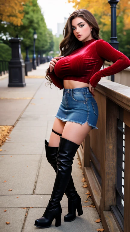 Cute woman, full body, velvet large boots, skirt, crop top, sexy body, ass