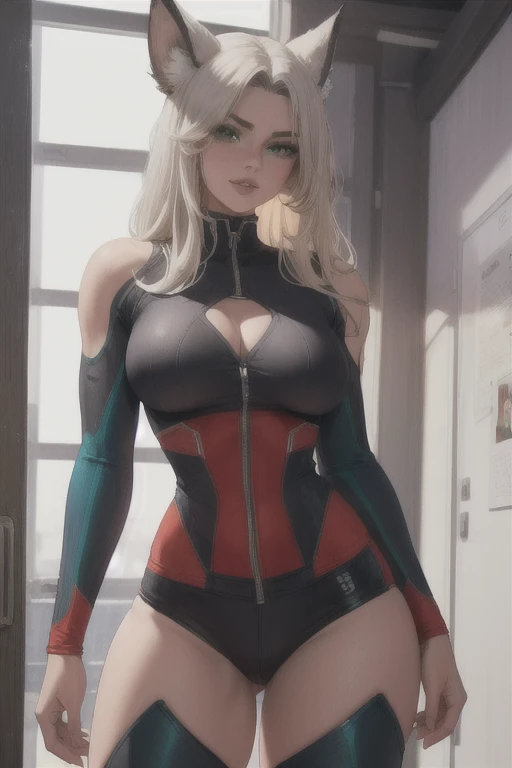 1girl, medium breasts, ((leotard, highleg leotard, light blue leotard)), (lighting bolt emblem on chest), bare legs, (tight belt), boots, matching boots, gloves, solo, single, standing, full body shot, cowboy shot, superhero, beautiful detailed eyes, power, ((blonde hair, short hair, wavy hair)), high school backdrop, outdoors, mature lady, teacher, perfect body, good proportions