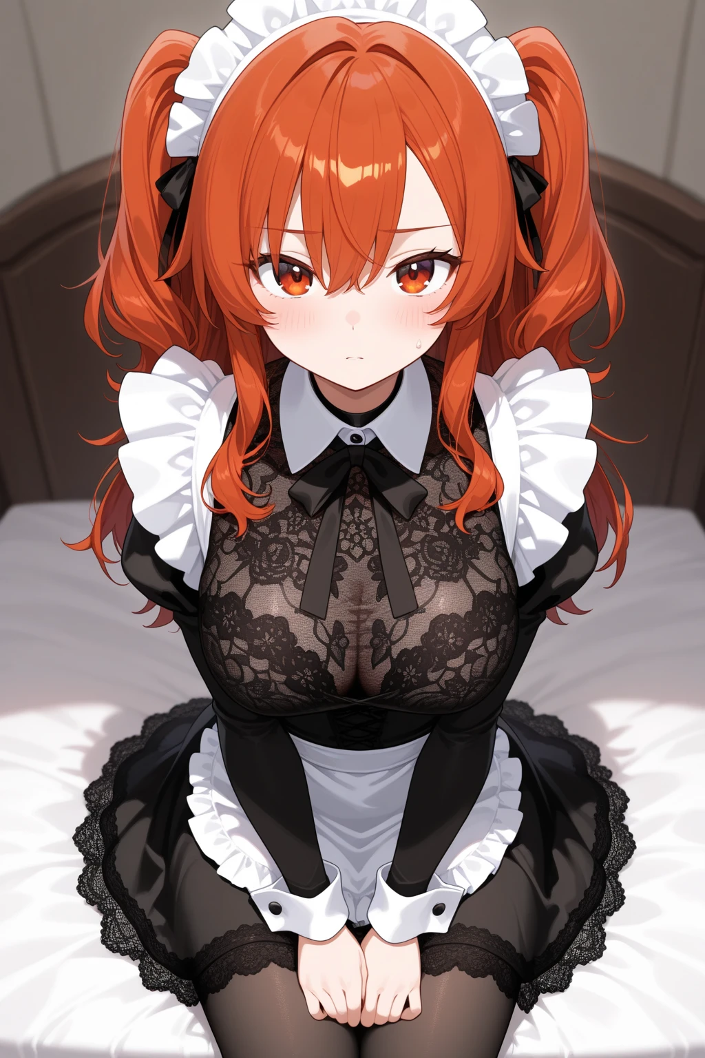 1 girl, best quality, masterpiece, red hair, green eyes, dull empty eyes with purple glint, hypnotized, mind control, wavy hair, black latex maid uniform, latex frills(2.0), lots of cute frills(2.0), shiny latex, extremely glossy latex(2.0), black latex gloves, latex stockings, latex socks, metal cuffs on wrists, metal collar with lock, metal cuffs on ankles, big breasts, big thighs, big butt, hourglass figure, laying down, on bed, legs spread, one knee up, sexy position, left hand rubbing crotch, left hand positioned on crotch, masturbation, masturbating, drooling, blushing, body quivering, pleasure on face, orgasm(2.0), slight steam and moisture around crotch