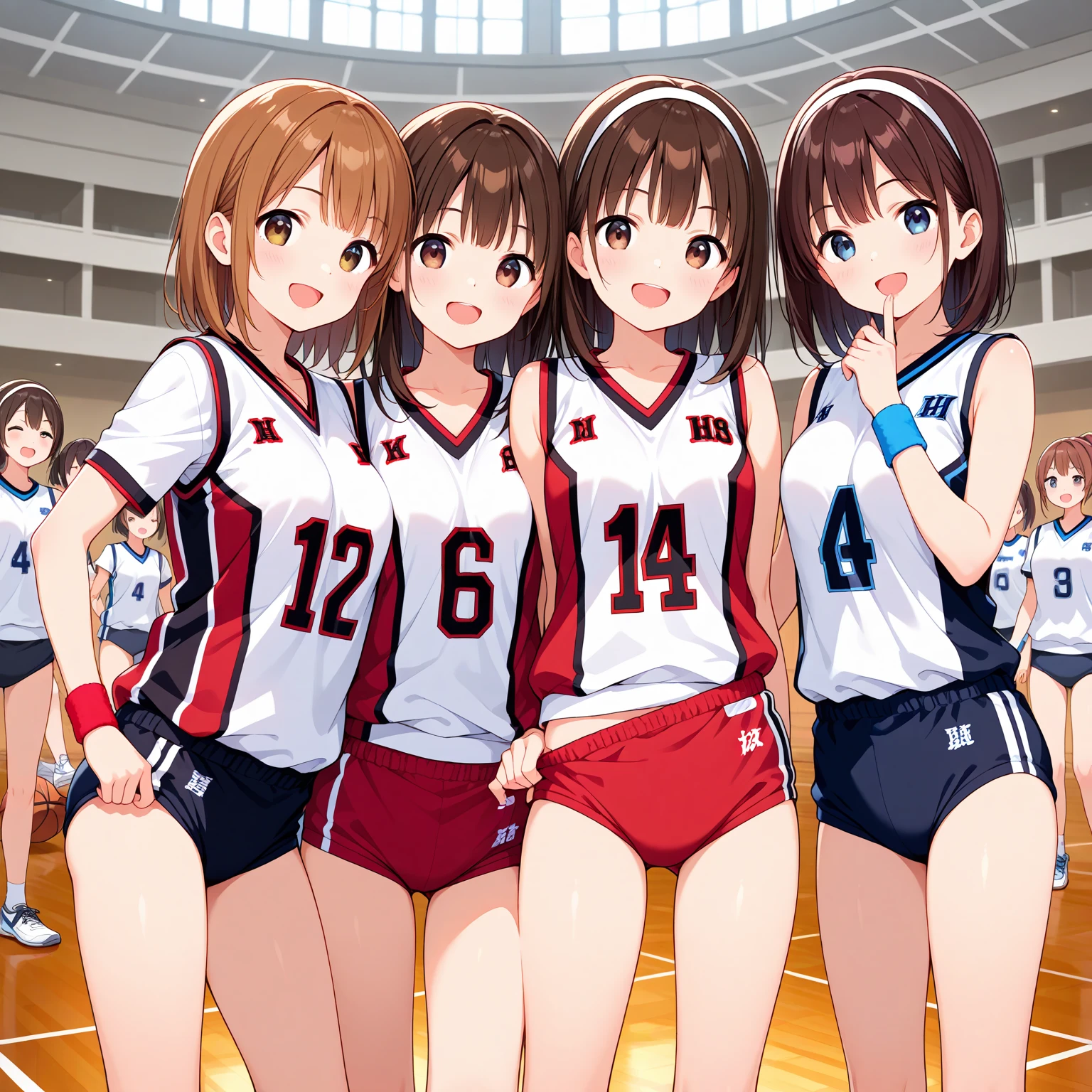 unity 8k wallpaper, anatomically correct, (((masterpiece))), (((best quality))), (((ultra detailed))), (((high-resolution))), ((super fine illustration)), ((Ultimate cutie)), ((detailed beautiful face)), perfect hands, perfect finger, (((good anatomy))), BREAK, multiple girls, lovingly gaze, harem, group picture, 17 years old, (potbelly), (Curve), medium breasts, ((thick thighs)), Shiny hair, (((coquettish smile))), (((blush))), BREAK, Adidas, Sleeveless collared Volleyball Uniforms, ((wristbands)), BREAK, (Hold the beautiful spherical 6-inch volleyball), ((Sweat)), (perspired), (Heavy breathing), in gymnasium, in volleyball court, depth of field, strong light, cowboy shot,,