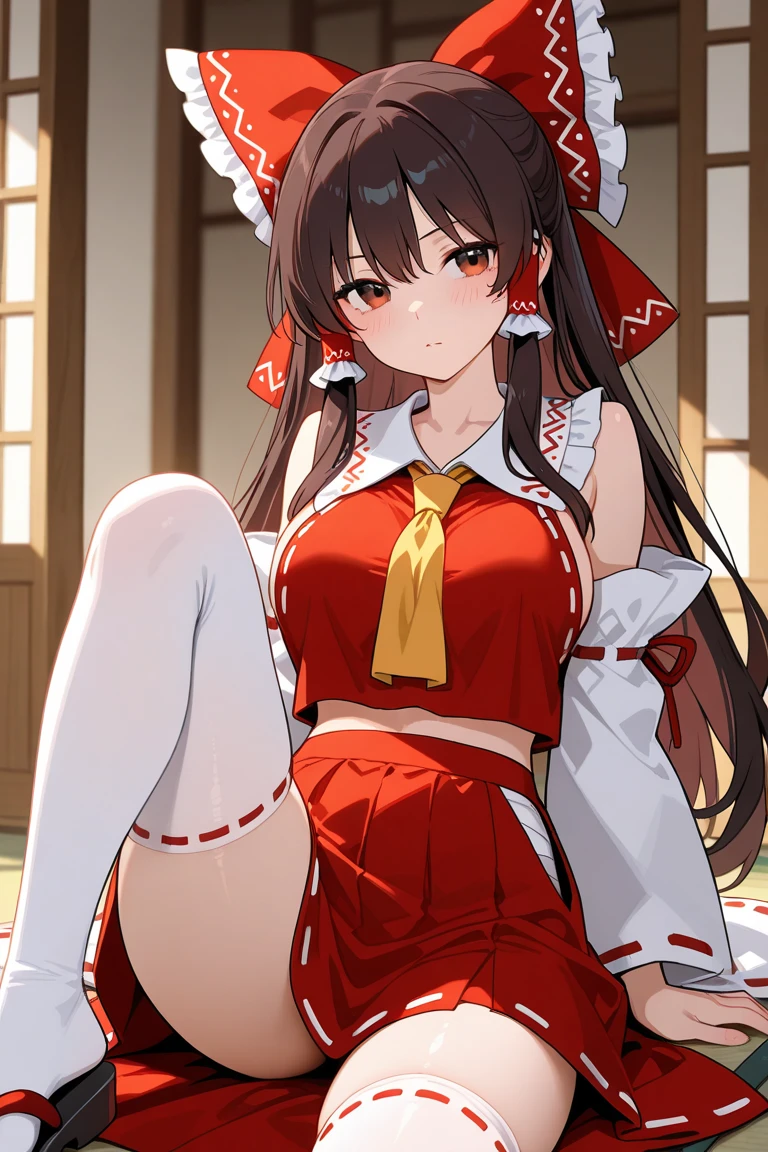 (((masterpiece))), (((best quality))), ((ultra-detailed)), (illustration), ((an extremely delicate and beautiful)),
1girl, solo, breasts, looking at viewer, brown hair, hair ornament, red eyes, long sleeves, bow, hair between eyes, bare shoulders, medium breasts, standing, hair bow, frills, parted lips, detached sleeves, japanese clothes, choker, wide sleeves, hair bun, red bow, bare legs, bell, sideboob, feet out of frame, ribbon trim, jingle bell, (pelvic curtain), nontraditional miko, ribbon-trimmed sleeves, miko
