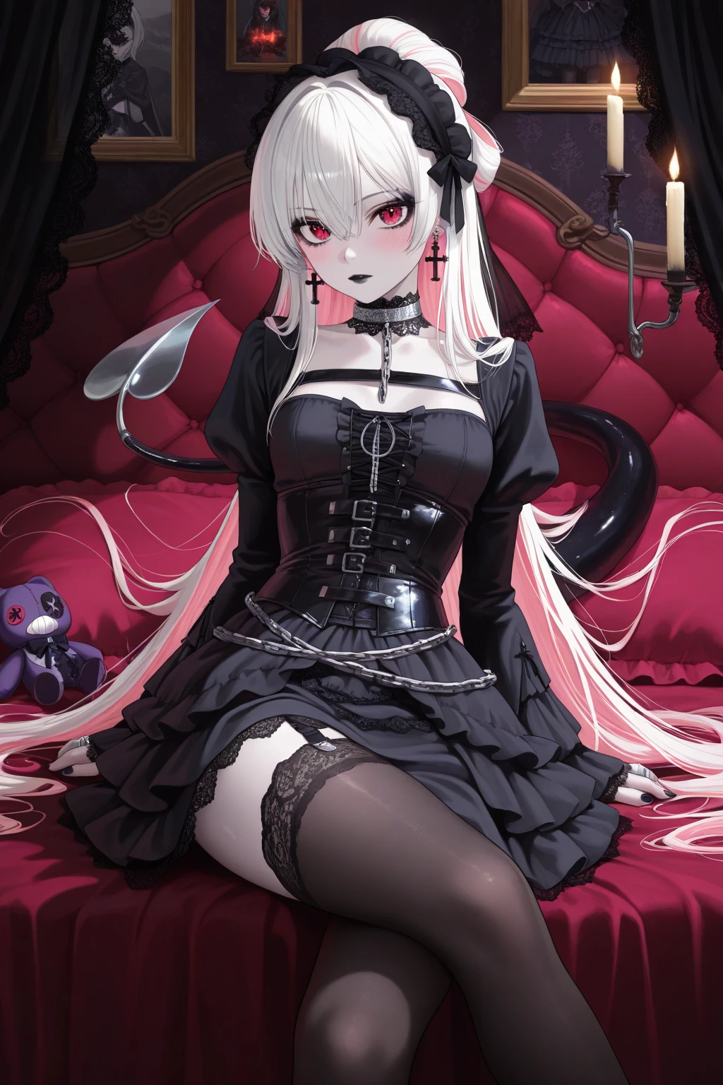 A sexy anime girl with white hair, red eyes, and demonic features, wearing black nail polish, in a provocative pose with spread legs, highly detailed, 8k, masterpiece, vivid colors, chiaroscuro lighting, gothic horror atmosphere, dark fantasy, erotic, kawaii, hentai