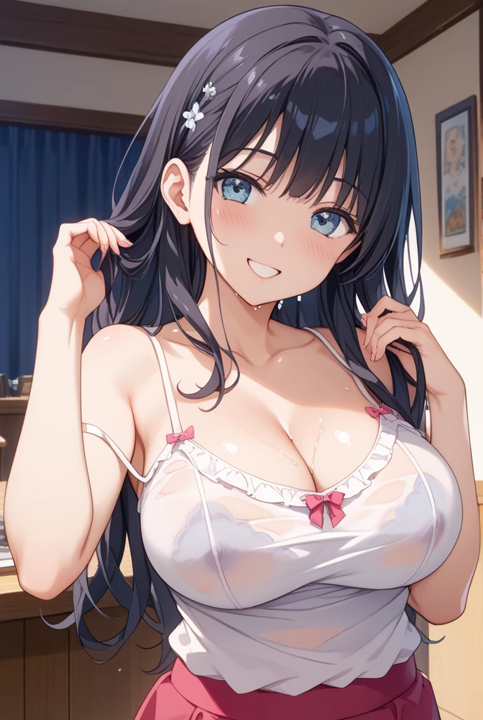 (masterpiece:1.5),anime character,very accurate details,ultra high resolution,Highly detailed CG Unity 8K wallpaper,(realistic,Photoreal,超realistic:1.5),(curve,model,color care:1.5),beautiful breasts,color_aberration,beautiful detailed shadows,beautiful eyes,beautiful body,beautiful skin,beautiful hands,(huge breasts:1.4),(aesthetic anime eyes:1.4), (white lace bra:1.4,(blue bloomers:1.2),(white bra:1.4),(Exquisite fabric,Ren Hao,lace trim bra:1.4),(spread legs:1.3),seductive thighs,(black haired,long straight hair:1.4),(sit on the desk:1.4),focus on the chest,Attractive anime girl with big breasts, Attractive anime girl with a flirtatious smile, classroom with windows, captivating anime high school student, (茶colorの目:1.4),緻密でbeautiful eyes, beautiful detailed lips,, curve beauty, magic lighting, in a provocative pose, (white bra:1.4),