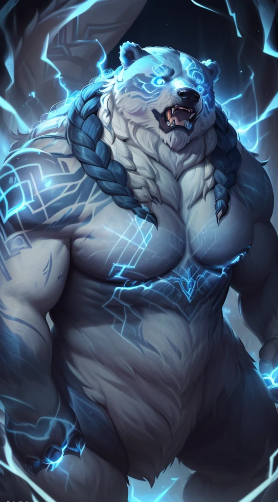(masterpiece, 4k ,ultra detailed:1.2),(fantasy:1.2),illustration,(realistic:1),(photorealistic:1), (Volibear, the champion from League of Legends:1.6), (white hair,very long fur:1.6),(roaring with open mouth:1.3),(white bear with blue eyes and a glowing light on its face:1.4), (musculous body,blue rays coming out of eyes,rays surrounding around,giant bear:1.3), (forest, night, lighted mushrooms, fireflies:1.2),
