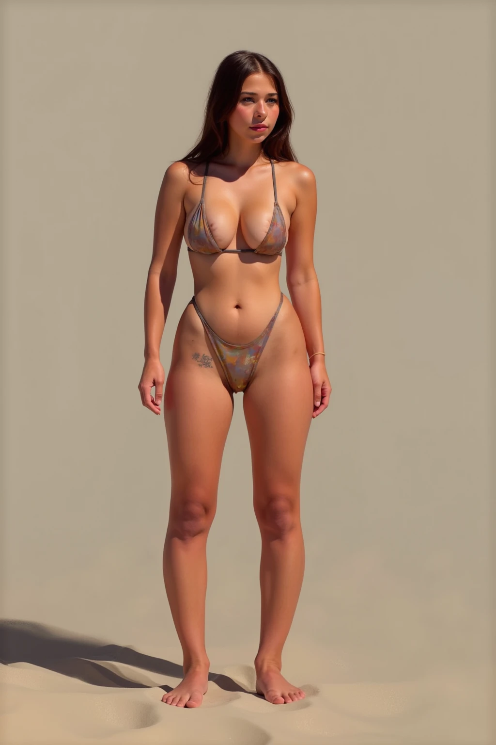 full body standing woman, yellow tiger bikini, white background