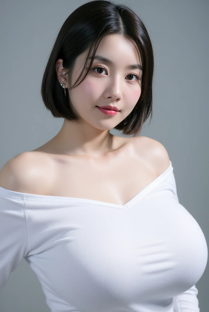 a close up of a woman with a white shirt and a brown chair, gorgeous young korean woman, beautiful south korean woman, korean girl, cleavage, beautiful asian girl, sexy look at the camera, highly realistic. live cam, beautiful young korean woman, with short hair, young and cute girl, she has a cute face, thick neck,