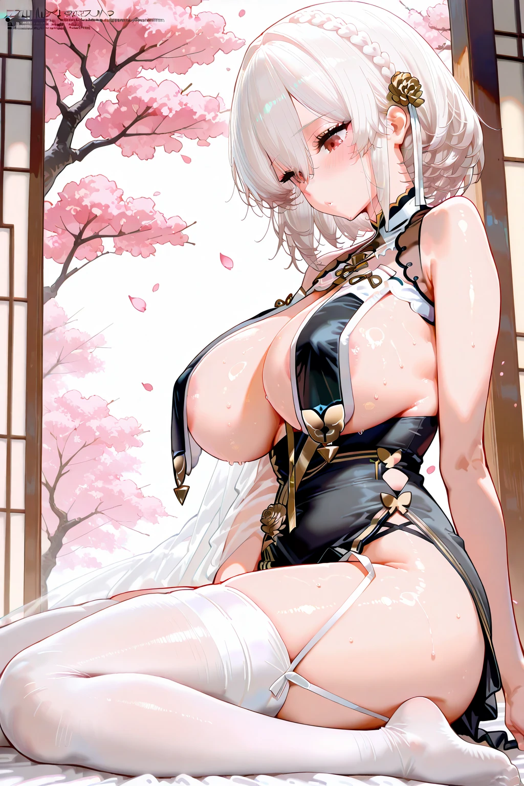 (((yamanaka ino))), (((pubic hair peek))),(((dithering breasts))),((mature female)),Thick body,(((Solo))),(((completely naked))),(((white see-through cheongsam))),,((dark puffy areola)), ((huge breasts)),((naked cameltoe)),in ryokan,A MILF,trending on artstationh,intricate face details,(Curvy physique), vibrant, 4K, 12k resolution