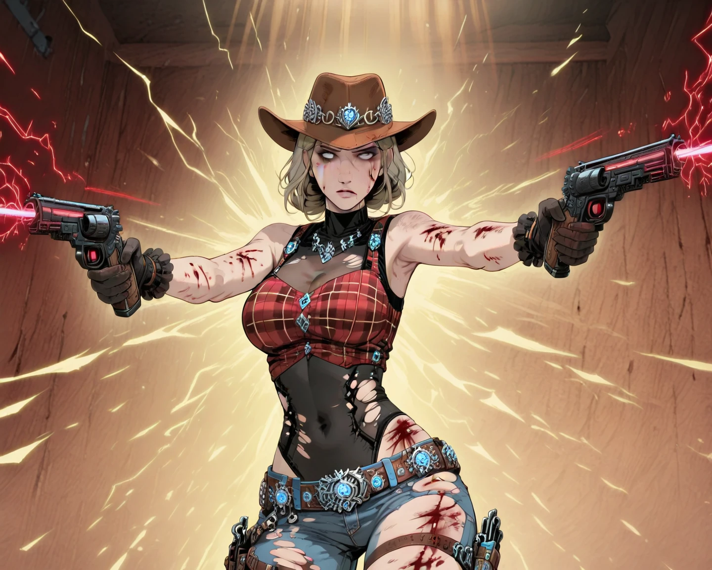 cowboy clothes, woman, large breast, blonde hair, braided hair, piercing red eyes, cowboy girl, ranch, exposed belly, seductive smile, frekles, light tan, cowboy hat, zombie, ruined clothes