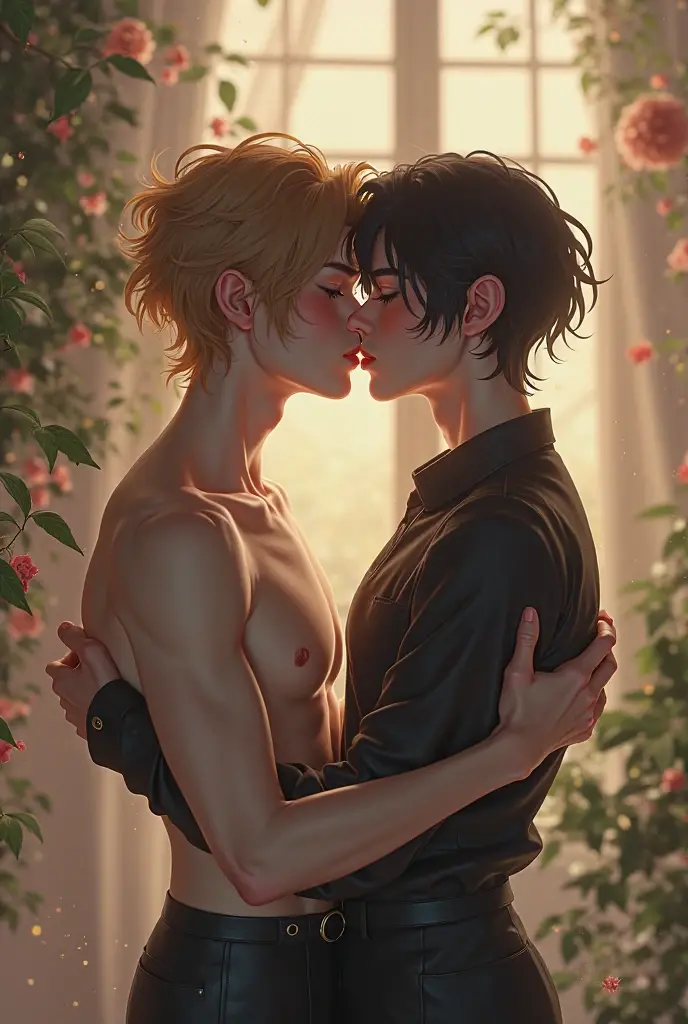 Theon greyjoy and Robb Stark as gay lovers, kiss, hug, passionate, love, sweet, gay couple, gay love, lgbt romance, sexy, erotic, shirtless , muscular,