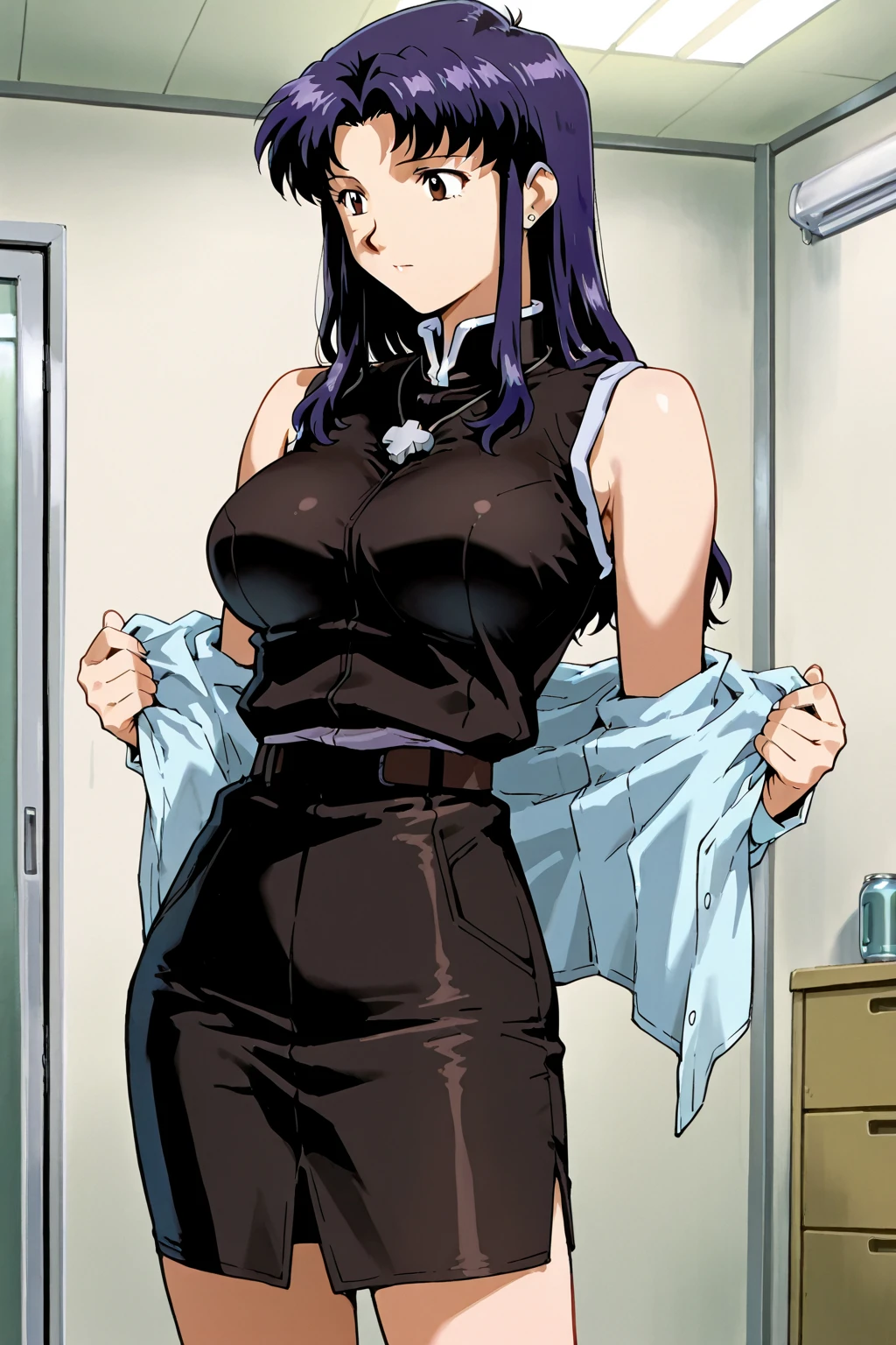 1girl, bangs, bodysuit, breasts, cleavage, earrings, hand_on_hip, hat, jewelry, large_breasts, latex, latex_bodysuit, leaning_forward, long_hair, looking_at_viewer, purple_eyes, purple_hair, shiny, shiny_clothes, solo, zipper<lora:hotwater_xl_v2:1>