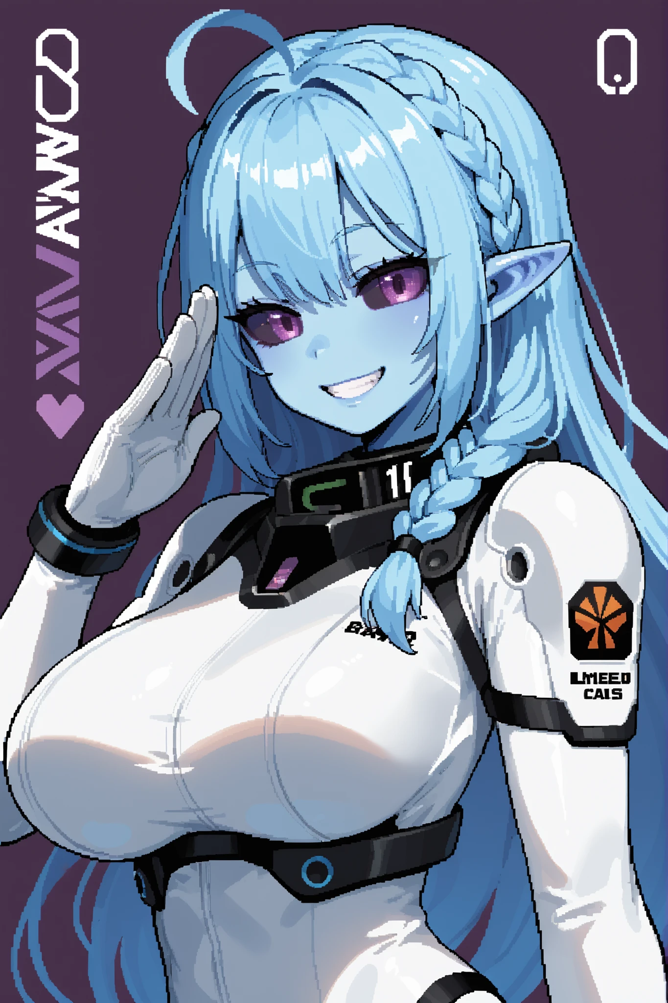 best quality, masterpiece, solo, 1girl, <lora:Layer_MegaMan_X_V-05:1>, layer_megamanx, long hair, purple hair, green eyes, blunt bangs, hair over eyes, large breasts, (dark skin, dark-skinned female:1.2), android,, <lora:osamu_nishiv2-10:0.8>,