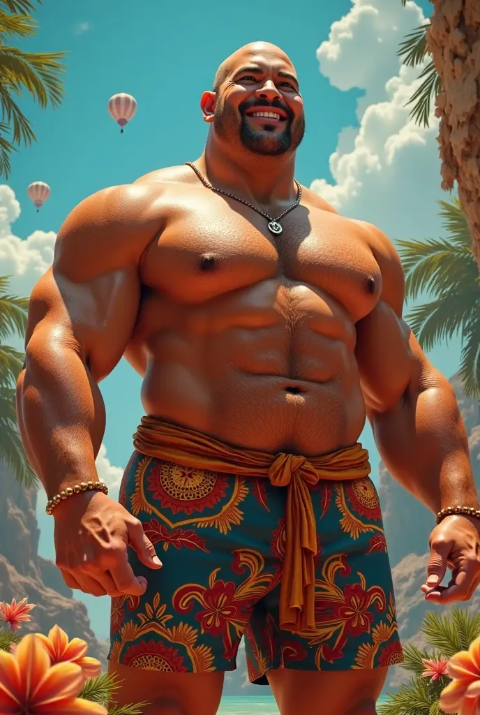 Strong muscular hairy bearded Iranian man in red thong on beach, standing, enjoying the sun and the beach on the banks of a lagoon surrounded by greenery, with children playing in the sand in the background.