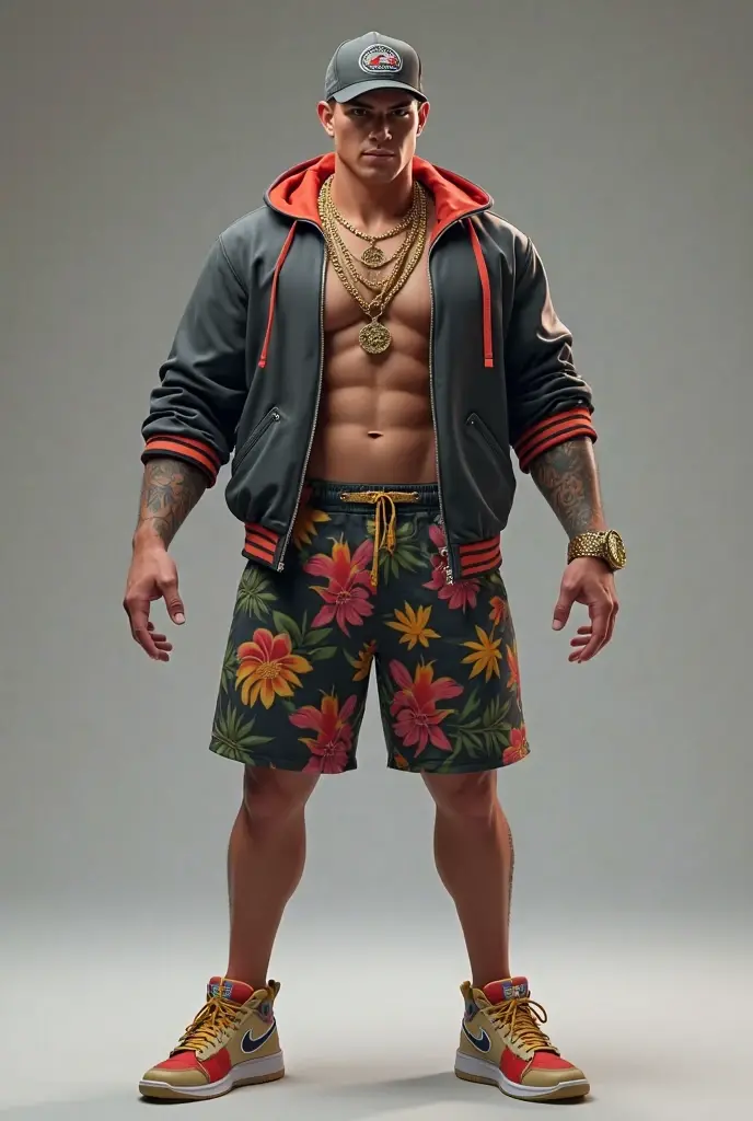 young taxi driver with green hair and a red hawaian shirt and black shorts, , with hawaiian shirt, realistic, baki style, full body picture, style, !!full body portrait, (axel from crazy taxi),