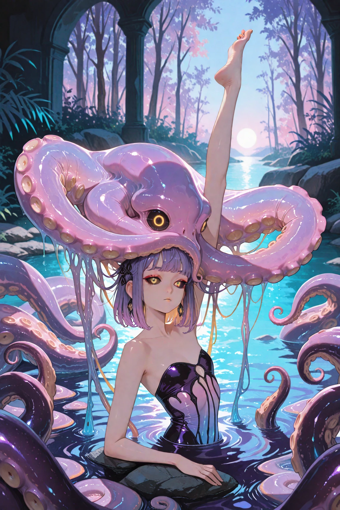 Strong octopus, holding a pink knife, in a vibrant underwater kingdom, Detailed textures, Realistic illumination, Hyper-realistic rendering, Delicate patterns on knife handle, Sinister expression on octopus' face, Inviting pink hue of the knife blade, Intriguing scene, Awe-inspiring underwater masterpiece. (Best quality), (Solo octopus), (Pink octopus character), (Upper body focus), (Underwater scenery), (Glowing octopus eyes), (Peak performance), (Shimmering water effects), (Dynamic pose), (Bold and captivating), (3D animation style).