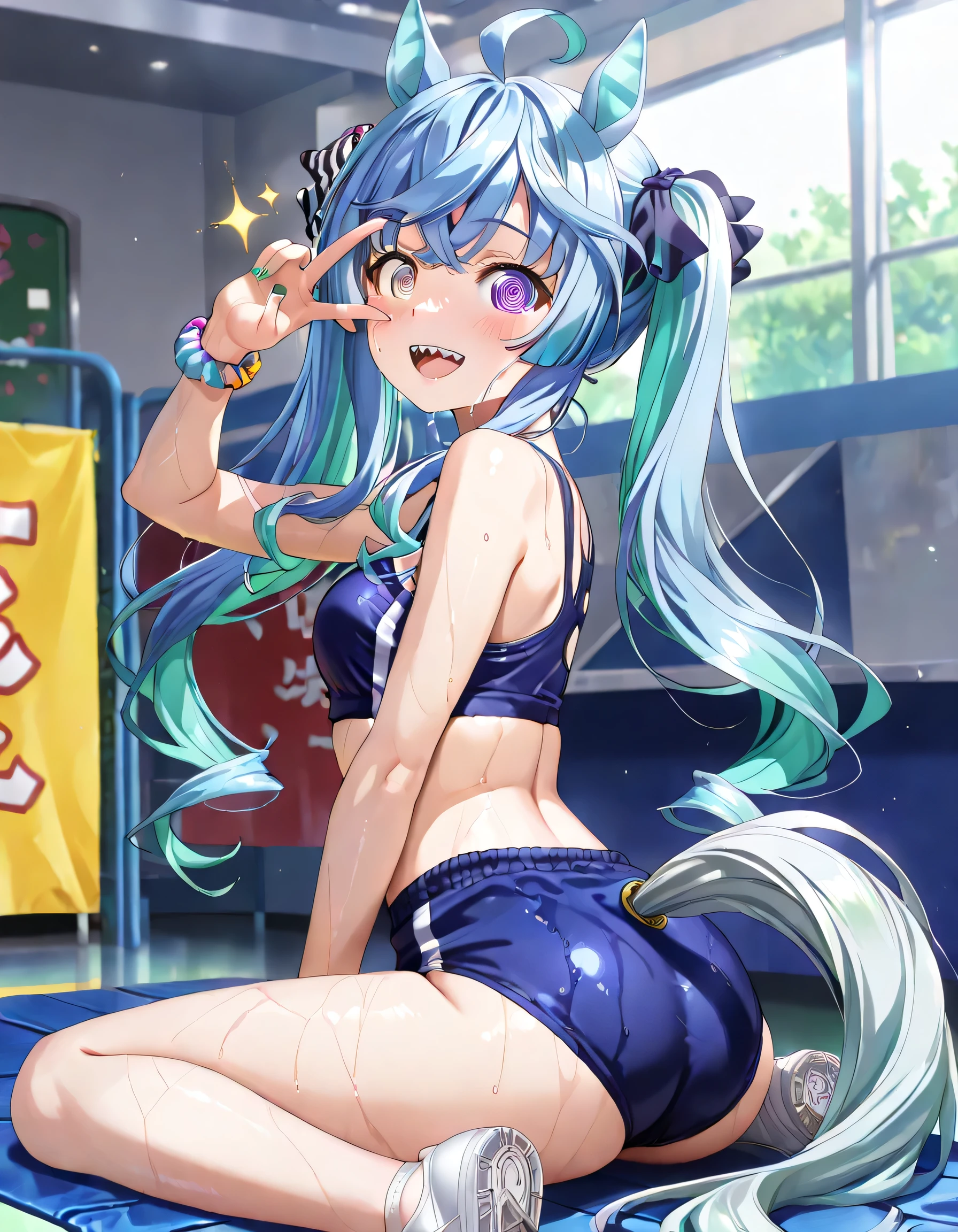 highest quality, blue_hair, blue_eyes, long_hair, twintails, magical_girl, bangs, open_mouth, pink_hair, multicolored_hair,sleep on your back in bed,Crab crotch,show me your boots,thigh high boots,leotardチラ見せ,glove,elegant, 1 girl, leotard,body suit,cute, blushed, looking at the viewer, from below, prison,blue eyes, beautiful eyes, beautiful background, particles of light, Light of the sun, dramatic lighting, outside, shiny, realistic, table top, highest quality, Super detailed, get used to it, scenery, beautiful and detailed eyes, thin hair,full body shot,